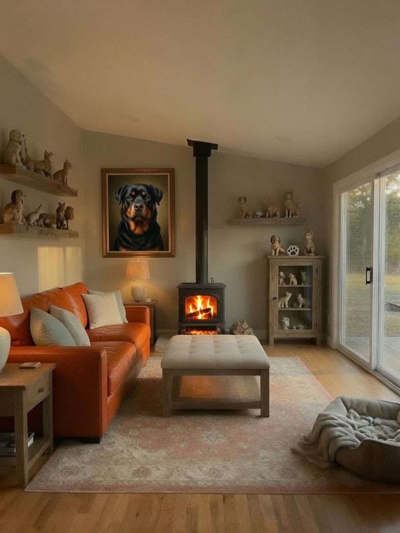 An artist's rendering of the planned comfort room: a wood stove, warm lamp light, a
          soft rug, an ottoman and a made-up dog bed beside a sliding door onto green